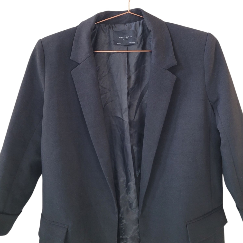 ALPHA & OMEGA Outerwear Black Open Front 3/4 Sleeve Blazer Jacket Size M - Picture 2 of 16